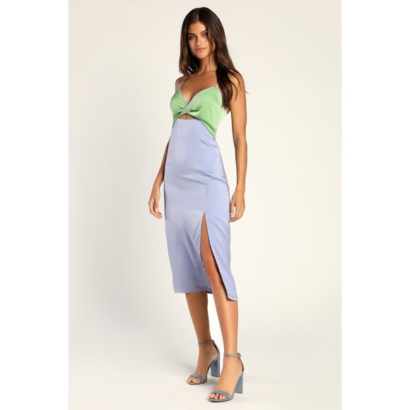 NWT Lulu's Perfect Pairing Light Blue Colorblock Satin Cutout Midi Dress Large - Picture 13 of 13